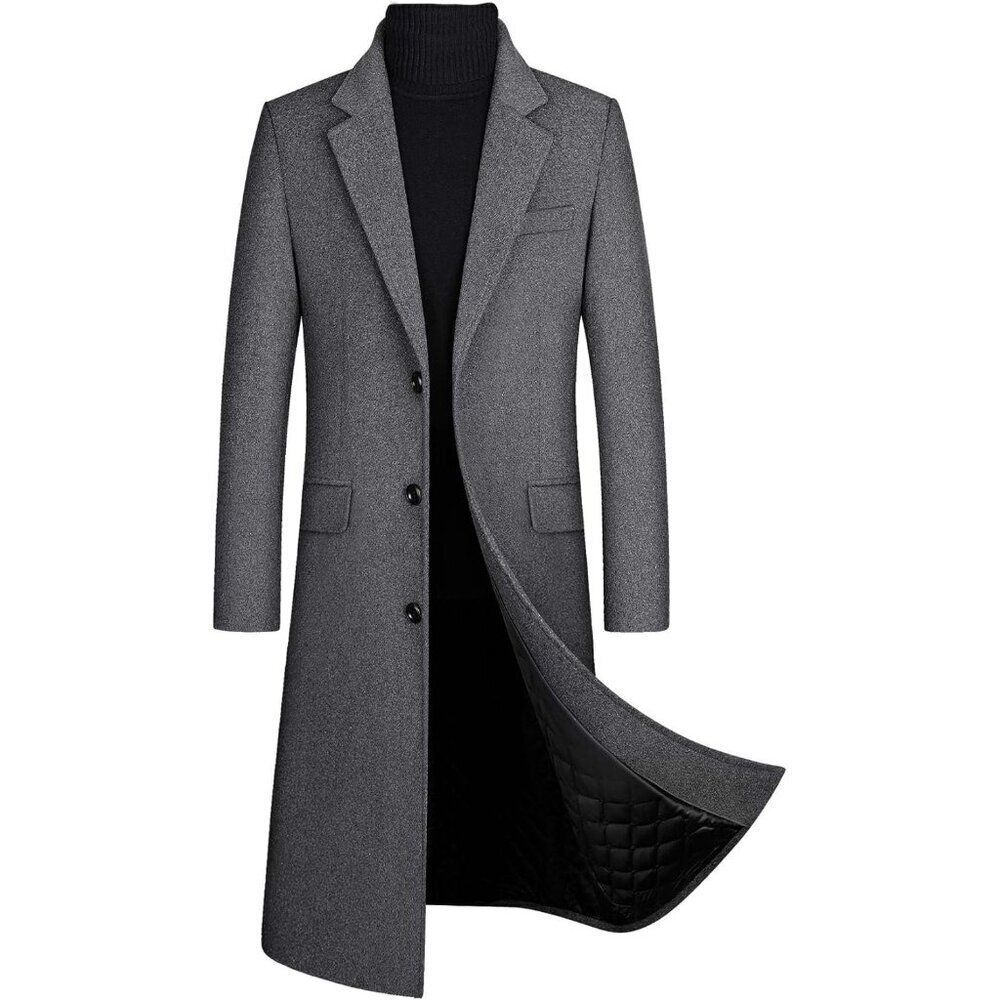 🆕Men's Gray Winter Single-Breasted Quilted Trench Coat Long Sleeve Overcoat